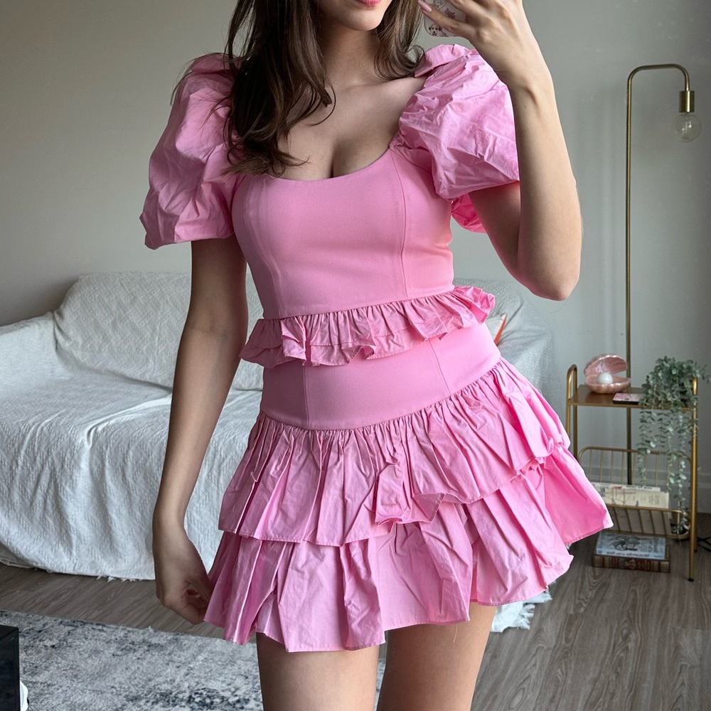 LoveShackFancy Set - Isley Mini Skirt + Spirit Crop Top - Pink Ruffled Size S